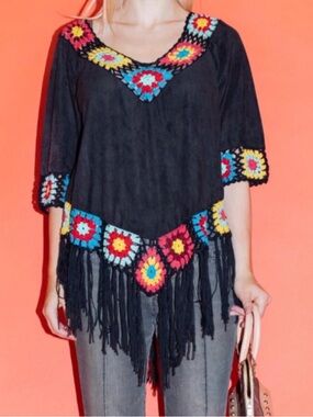 Boho Black Fringe Crochet Accent Blouse - Black